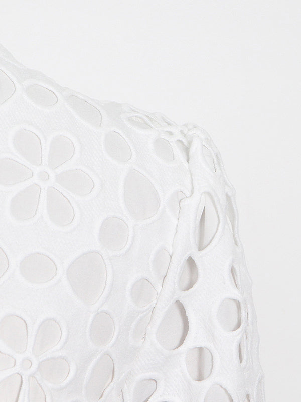 Momentlover Solid Color Hollow Half Sleeves Deep V-Neck Maxi Dresses