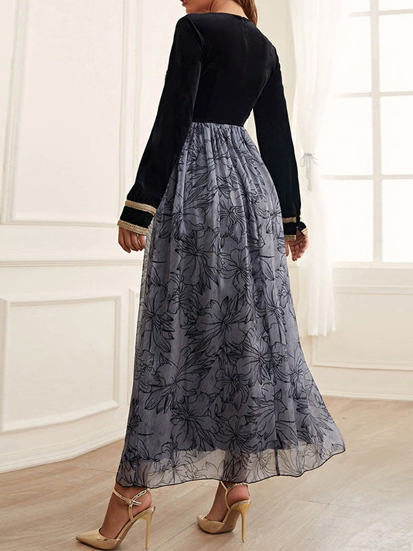 Momentlover Split-Joint Flower Print Embroidered Long Sleeves High Waisted V-Neck Maxi Dresses