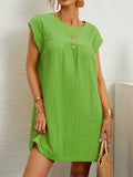 Momentlover Solid Color Pleated Loose Cap Sleeve Round-neck Mini Dresses