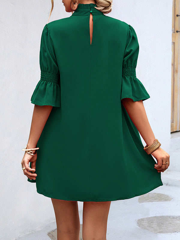 Momentlover Solid Color Falbala Loose Half Sleeves Stand Collar Mini Dresses
