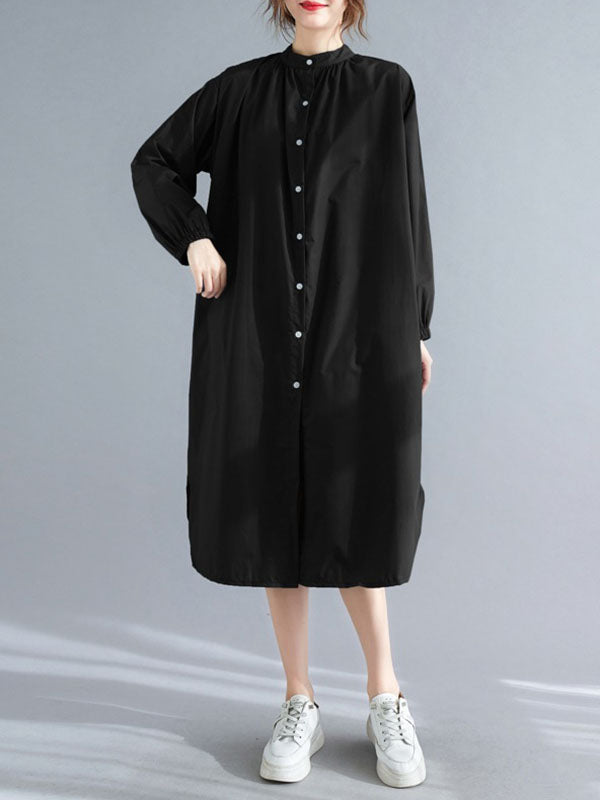 Momentlover Split-Side Elasticity Buttoned Loose Long Sleeves Mock Neck Shirt Dress Midi Dresses
