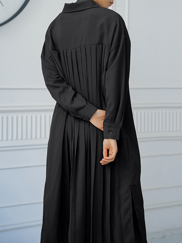 Momentlover Split-side Buttoned Three-quarter Sleeves Loose Lapel Shirt Dress Midi Dresses