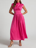 Momentlover Solid Color Pleated Belly-Hollow Cap Sleeve Stand Collar Maxi Dresses