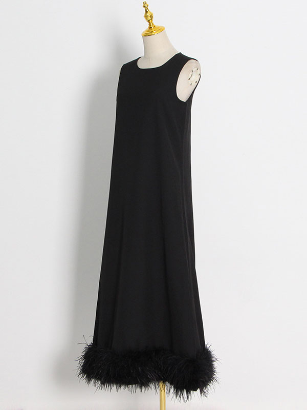 Momentlover Simple Sleeveless Loose Feathers Solid Color Midi Dresses