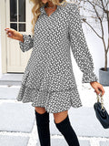 Momentlover Split-Joint Printed Lace-Up Loose Long Sleeves Stand Collar Mini Dresses