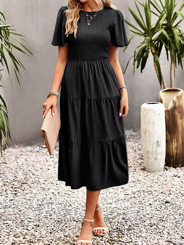 Momentlover Solid Color Elastics Short Sleeves Loose Round-neck Midi Dresses