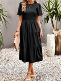 Momentlover Solid Color Elastics Short Sleeves Loose Round-neck Midi Dresses