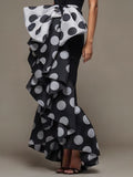 Momentlover Split-Joint Polka-Dot Pleated Bow-Embellished Sleeveless Skinny Tube Maxi Dresses