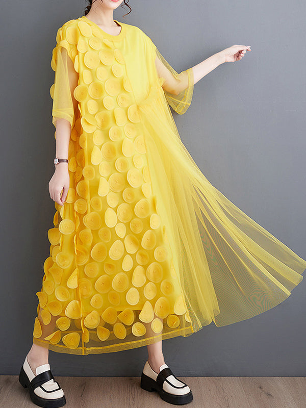 Momentlover Split-Joint Gauze Asymmetric Short Sleeves Loose Round-Neck Midi Dresses