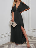 Momentlover Split-front Solid Color Loose Batwing Sleeves Deep V-Neck Maxi Dresses
