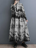 Momentlover Split-Joint Printed Pleated Loose Long Sleeves Stand Collar Midi Dresses