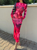 Momentlover Tie-Dyed Split-Joint Long Sleeves Bodycon Round-Neck Maxi Dresses