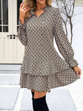 Momentlover Split-Joint Printed Lace-Up Loose Long Sleeves Stand Collar Mini Dresses
