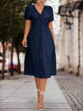Momentlover Split-Joint Solid Color Pleated Knot Elasticity Short Sleeves Puff Sleeves V-neck Midi Dresses
