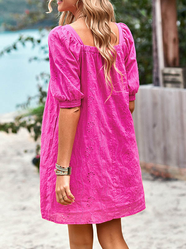 Momentlover Solid Color Jacquard Puff Sleeves Loose Square-neck Mini Dresses