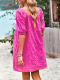 Momentlover Solid Color Jacquard Puff Sleeves Loose Square-neck Mini Dresses