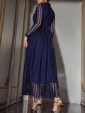 Momentlover Solid Color See-Through Gauze Buttoned Long Sleeves High Waisted V-Neck Maxi Dresses