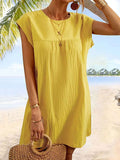 Momentlover Solid Color Pleated Loose Cap Sleeve Round-neck Mini Dresses