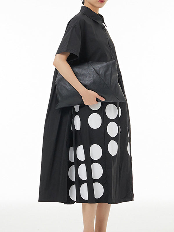 Momentlover Split-Joint Pleated Contrast Color Short Sleeves Loose Lapel Shirt Dress Midi Dresses