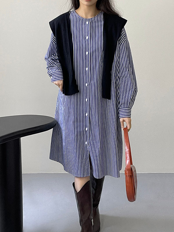 Momentlover Striped Raglan Sleeve Loose Round-Neck Shirt Dress Midi Dresses