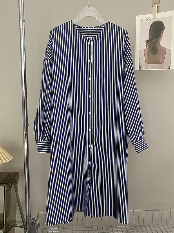 Momentlover Striped Raglan Sleeve Loose Round-Neck Shirt Dress Midi Dresses