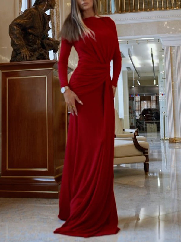 Momentlover Solid Color Wrap Mermaid Round-neck Maxi Dresses Evening Dresses