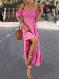 Momentlover Split-Joint Solid Color Pleated Elasticity Short Sleeves High Waisted Square-neck Midi Dresses