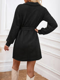 Momentlover Tied Waist Solid Color Jacquard Long Sleeves V-neck Mini Dresses