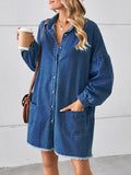 Momentlover Split-Joint Pockets Pleated Fringed Buttoned Loose Long Sleeves Lapel Mini Dresses
