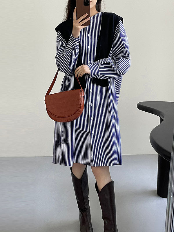 Momentlover Striped Raglan Sleeve Loose Round-Neck Shirt Dress Midi Dresses