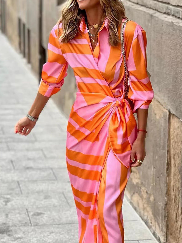 Momentlover Striped Printed Knot Asymmetric Loose Long Sleeves V-Neck Maxi Dresses