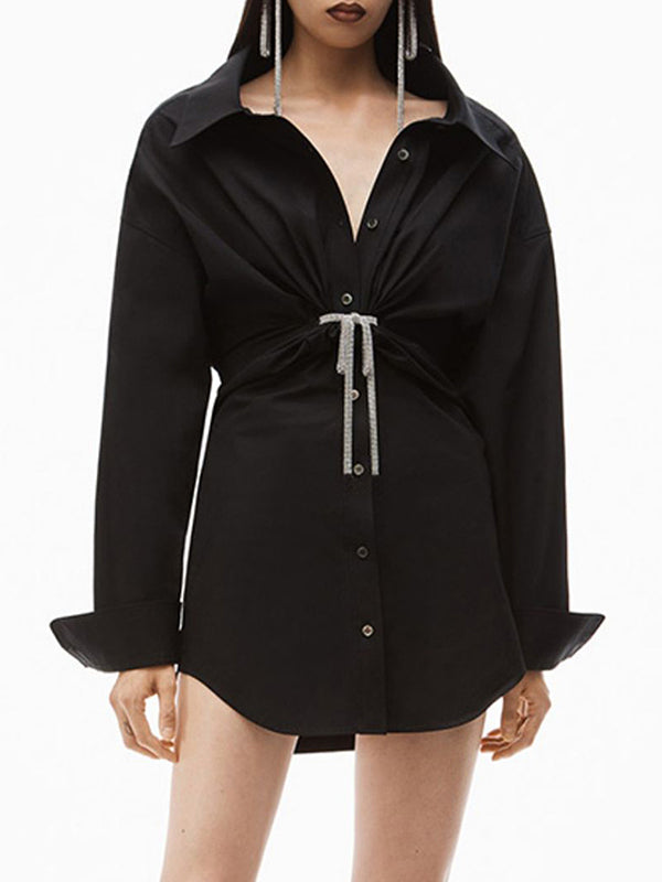 Momentlover Solid Color Long Sleeves High Waisted Lapel Shirt Dress Mini Dresses