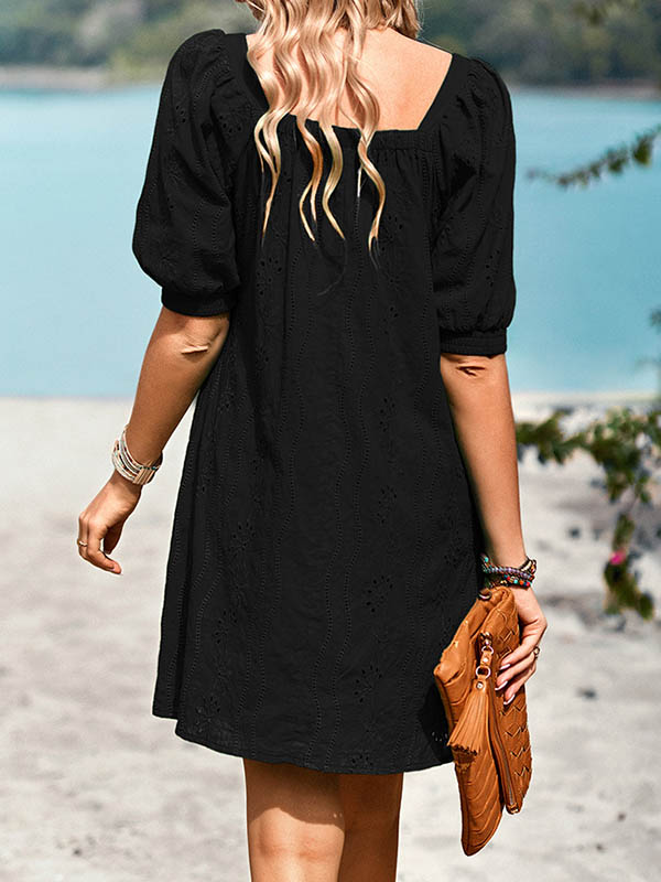 Momentlover Solid Color Jacquard Puff Sleeves Loose Square-neck Mini Dresses