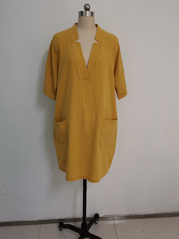 Momentlover Split-Joint Solid Color Pockets Short Sleeves Loose V-Neck Mini Dresses