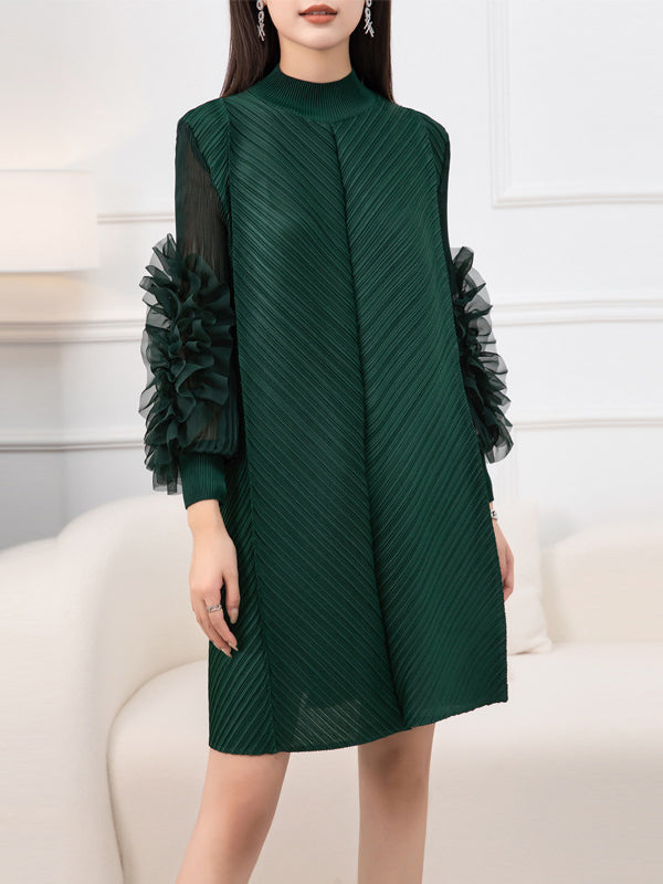 Momentlover Solid Color Pleated Embroidered Loose Long Sleeves Round-neck Midi Dresses