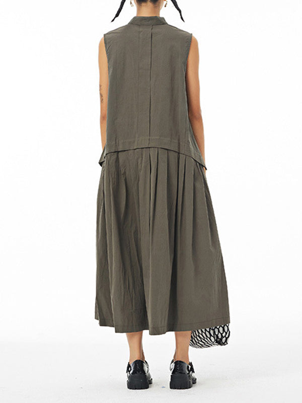 Momentlover Solid Color Pleated Sleeveless Loose Stand Collar Shirt Dress Midi Dresses