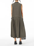 Momentlover Solid Color Pleated Sleeveless Loose Stand Collar Shirt Dress Midi Dresses