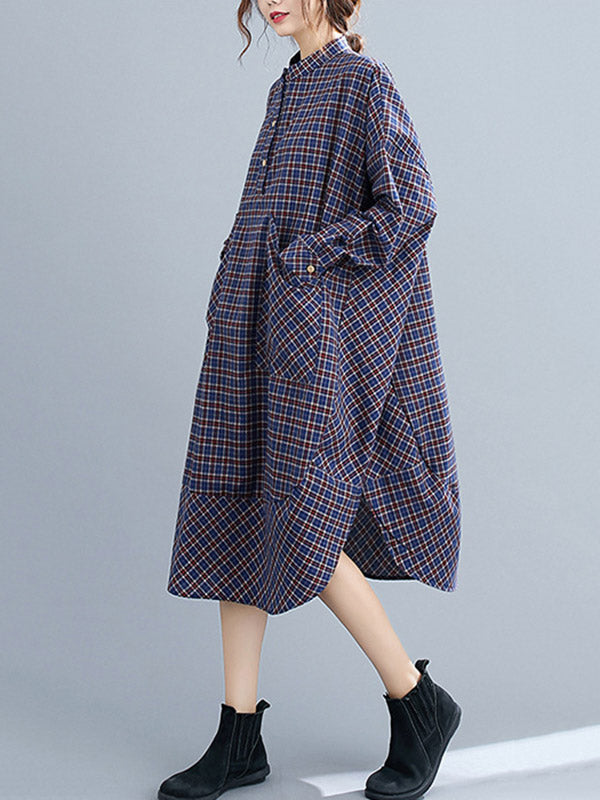 Momentlover Vintage Plaid Irregularity Shirt Dresses