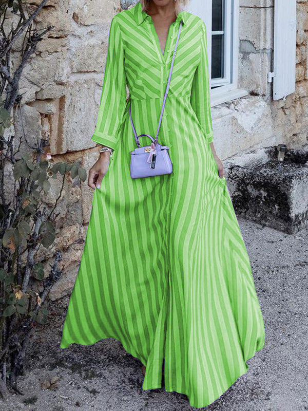 Momentlover Stylish Long Sleeves Striped Lapel Collar Maxi Dresses