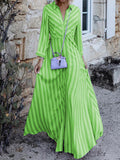 Momentlover Stylish Long Sleeves Striped Lapel Collar Maxi Dresses