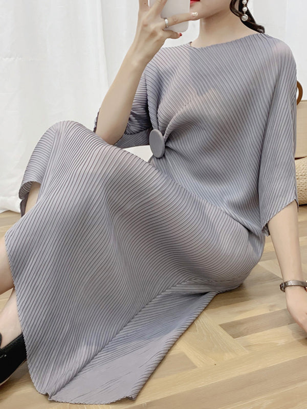 Momentlover Solid Color Pleated Loose Irregular Clipping Round-Neck Midi Dresses