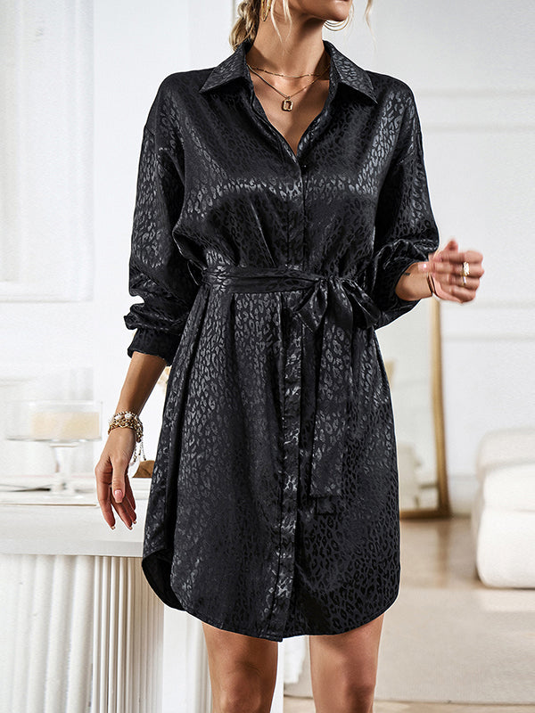 Momentlover Tied Waist Leopard Buttoned Loose Long Sleeves Lapel Shirt Dress Mini Dresses