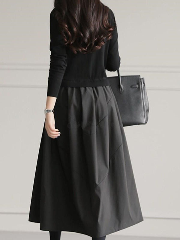 Momentlover Split-Joint Pleated Loose Long Sleeves Round-Neck Midi Dresses