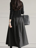 Momentlover Split-Joint Pleated Loose Long Sleeves Round-Neck Midi Dresses