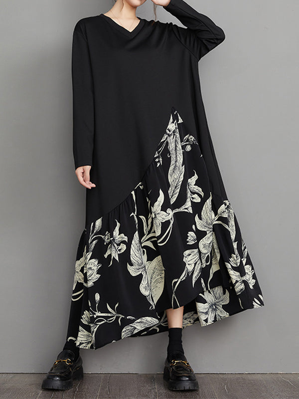 Momentlover Split-Joint Flower Print Asymmetric Loose Long Sleeves V-Neck Midi Dresses