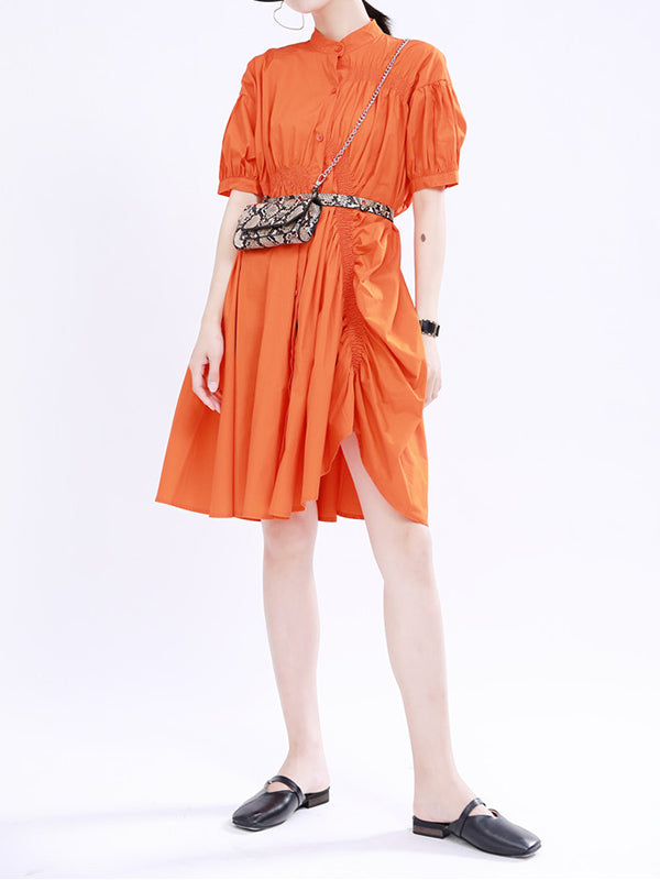 Momentlover Solid Color Pleated Asymmetric Short Sleeves Loose Stand Collar Shirt Dress Mini Dresses
