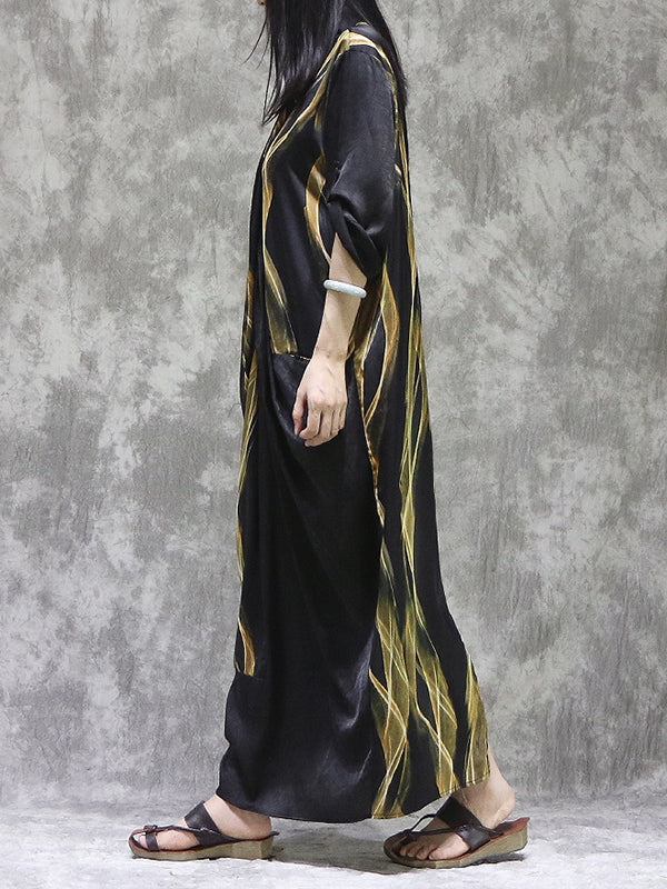 Momentlover Split-back Printed Pockets Loose Long Sleeves V-neck Maxi Dresses