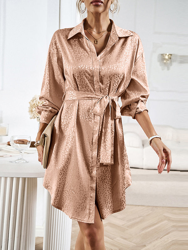 Momentlover Tied Waist Leopard Buttoned Loose Long Sleeves Lapel Shirt Dress Mini Dresses