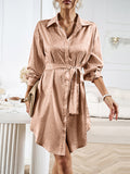 Momentlover Tied Waist Leopard Buttoned Loose Long Sleeves Lapel Shirt Dress Mini Dresses