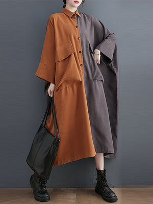 Momentlover Original Creation Loose Long Sleeves Buttoned Contrast Color Lapel Collar Midi Dresses